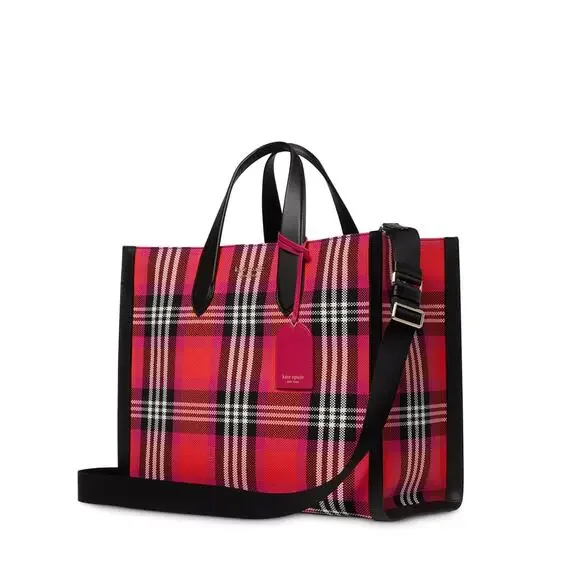 kate spade new york Manhattan Foliage Plaid Fabric Large Tote Bag Pink Multi EUC - Picture 12 of 14
